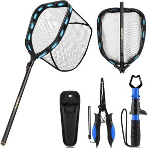 PLUSINNO Floating Fishing Net with Telescoping Handle, Carbon Fiber Ultralight Long Fish Net, Collapsible Landing Net 6.56/7.86Ft, Fishing Gear Kayak Accessories for Bass Trout Salmon(6.56 FT / 2.0M Full Length with Tool Kit)