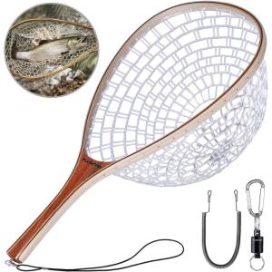 PLUSINNO Fly Fishing Net, Wooden Frame Fishing Landing Net with Magnetic Release, Soft Rubber Mesh Net for Trout Bass Catch and Release, Magnetic Fly Fishing Gear(Straight Handle)