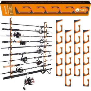 PLUSINNO H5 Horizontal Fishing Rod/Pole Holders for Garage, Wall or Ceiling Mounted Fishing Rod Rack, Aviation Aluminum Fishing Holder Holds up to 5/10/20 Rod or Combos Fishing Gear and Gifts for Men(Orange 2pack(store 10 fishing rods or combos))