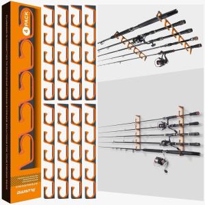 PLUSINNO H5 Horizontal Fishing Rod/Pole Holders for Garage, Wall or Ceiling Mounted Fishing Rod Rack, Aviation Aluminum Fishing Holder Holds up to 5/10/20 Rod or Combos Fishing Gear and Gifts for Men(Orange Aluminum-h5 4pack New(store 20 Fishing Rods))