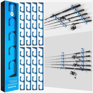 PLUSINNO H5 Horizontal Fishing Rod/Pole Holders for Garage, Wall or Ceiling Mounted Fishing Rod Rack, Aviation Aluminum Fishing Holder Holds up to 5/10/20 Rod or Combos Fishing Gear and Gifts for Men(Blue 4pack(store 20 fishing rods or combos))