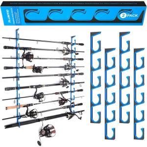 PLUSINNO H5 Horizontal Fishing Rod/Pole Holders for Garage, Wall or Ceiling Mounted Fishing Rod Rack, Aviation Aluminum Fishing Holder Holds up to 5/10/20 Rod or Combos Fishing Gear and Gifts for Men(Blue 2pack(store 10 fishing rods or combos))