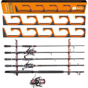 PLUSINNO H5 Horizontal Fishing Rod/Pole Holders for Garage, Wall or Ceiling Mounted Fishing Rod Rack, Aviation Aluminum Fishing Holder Holds up to 5/10/20 Rod or Combos Fishing Gear and Gifts for Men(Orange 1pack(store 5 fishing rods or combos))