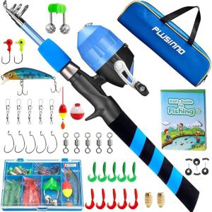 PLUSINNO Kids Fishing Pole, Portable Telescopic Fishing Rod and Reel Combo Kit – with Spincast Fishing Reel Tackle Box for Boys, Girls, Youth(BLUE)