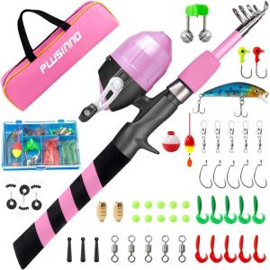 PLUSINNO Kids Fishing Pole, Portable Telescopic Fishing Rod and Reel Combo Kit – with Spincast Fishing Reel Tackle Box for Boys, Girls, Youth(Pink)