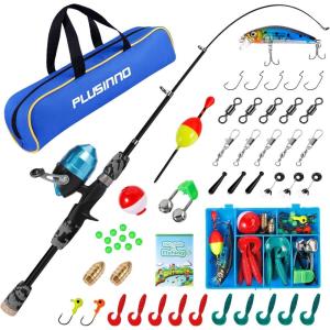 PLUSINNO Kids Fishing Pole with Spincast Reel Telescopic Fishing Rod Combo Full Kits for Boys, Girls, and Adults(Black)
