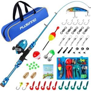 PLUSINNO Kids Fishing Pole with Spincast Reel Telescopic Fishing Rod Combo Full Kits for Boys, Girls, and Adults(Blue)