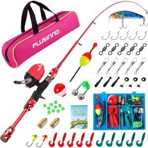 PLUSINNO Kids Fishing Pole with Spincast Reel Telescopic Fishing Rod Combo Full Kits for Boys, Girls, and Adults(Red)