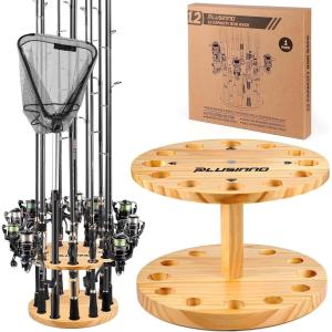 PLUSINNO V12 Fishing Rod Holders for Garage, Vertical Fishing Pole Holders Wooden Round Storage Floor Stand, Fishing Rod/Pole Rack(1PACK (store 12 rods or combos))
