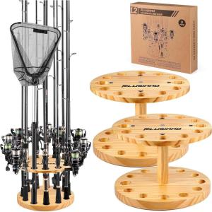 PLUSINNO V12 Fishing Rod Holders for Garage, Vertical Fishing Pole Holders Wooden Round Storage Floor Stand, Fishing Rod/Pole Rack(2pack (Store 24 Rods Or Combos))