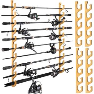 PLUSINNO WH5 Horizontal Fishing Rod/Pole Holders for Garage, Wall or Ceiling Mounted Rack, Solid Wood Fishing Rod Holder Holds up to 5/10/20 Rods or Combos Fishing Gear, Gifts for Men(2pack(store 10 fishing rods or combos))