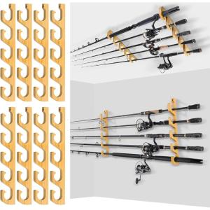 PLUSINNO WH5 Horizontal Fishing Rod/Pole Holders for Garage, Wall or Ceiling Mounted Rack, Solid Wood Fishing Rod Holder Holds up to 5/10/20 Rods or Combos Fishing Gear, Gifts for Men(4pack(store 20 fishing rods or combos))