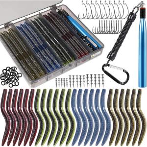 PLUSINNO Wacky Worm Fishing Lure Kit, Soft Plastic Fishing Lures, Grub Baits Hook Wacky Rig Bass Trout Fishing Worms Lures w/Tackle Box(133PCS 5.5″ Wacky Worm Fishing Lure Kit)