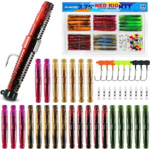 PLUSINNO Wacky Worm Fishing Lure Kit, Soft Plastic Fishing Lures, Grub Baits Hook Wacky Rig Bass Trout Fishing Worms Lures w/Tackle Box(44PCS Stick Worms Ned Rig Kit)