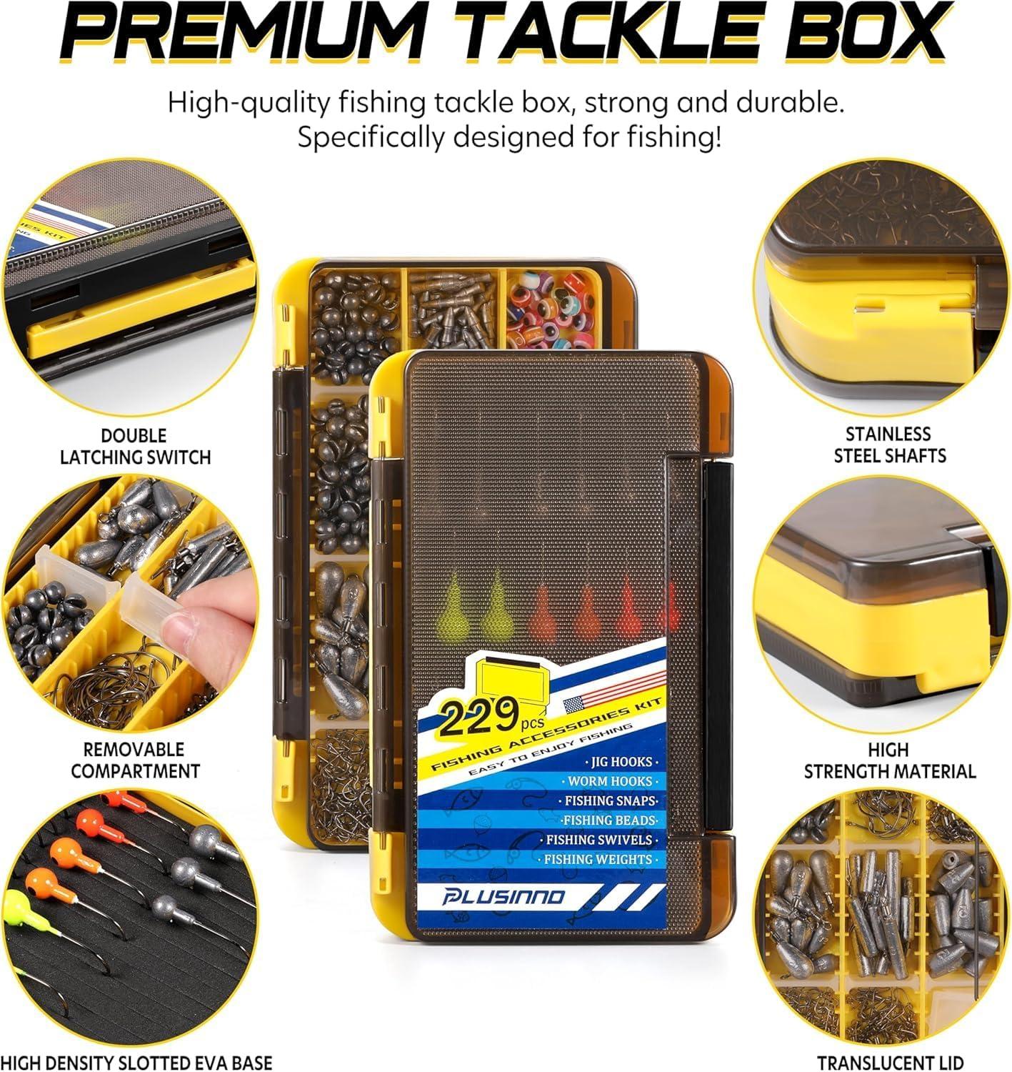 image:imagePLUSINNO 253387pcs Fishing Gear Accessories Kit Fishing Tackle Box with Tackle Included Fishing Hooks Fishing Weights Sinkers Spinner Blade Fishing Equipment for Bass Trout Bluegill Crappie229pcs Fishing Accessories Kit