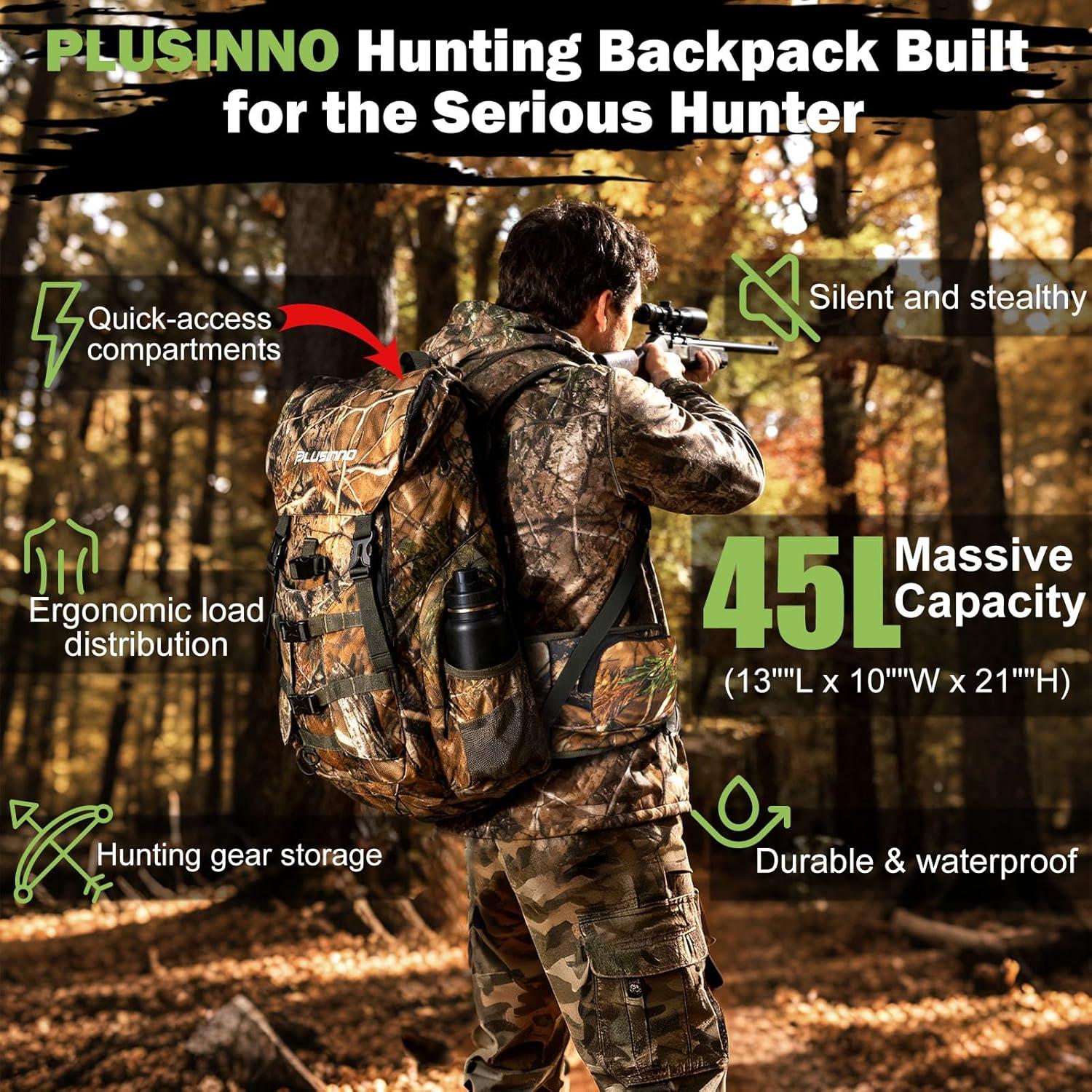 image:imagePLUSINNO Hunting Backpack for Hunting Essentials 45L Waterproof Hunting Gear with Rain Cover amp Padded Scabbard Carry System For Deer Hunt Accessories Hunt Gift For MenFlap Topflap Top