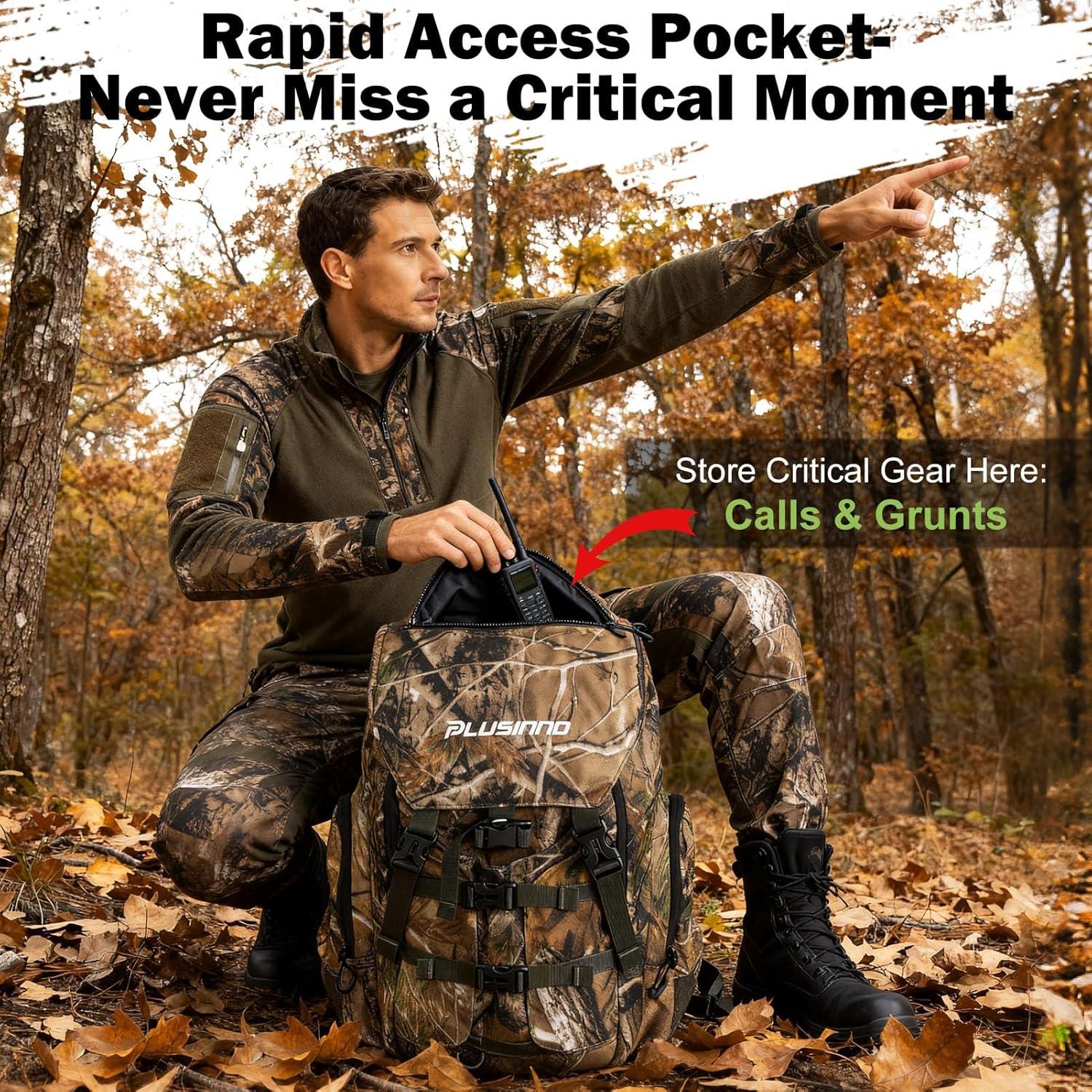image:imagePLUSINNO Hunting Backpack for Hunting Essentials 45L Waterproof Hunting Gear with Rain Cover amp Padded Scabbard Carry System For Deer Hunt Accessories Hunt Gift For MenFlap Topflap Top