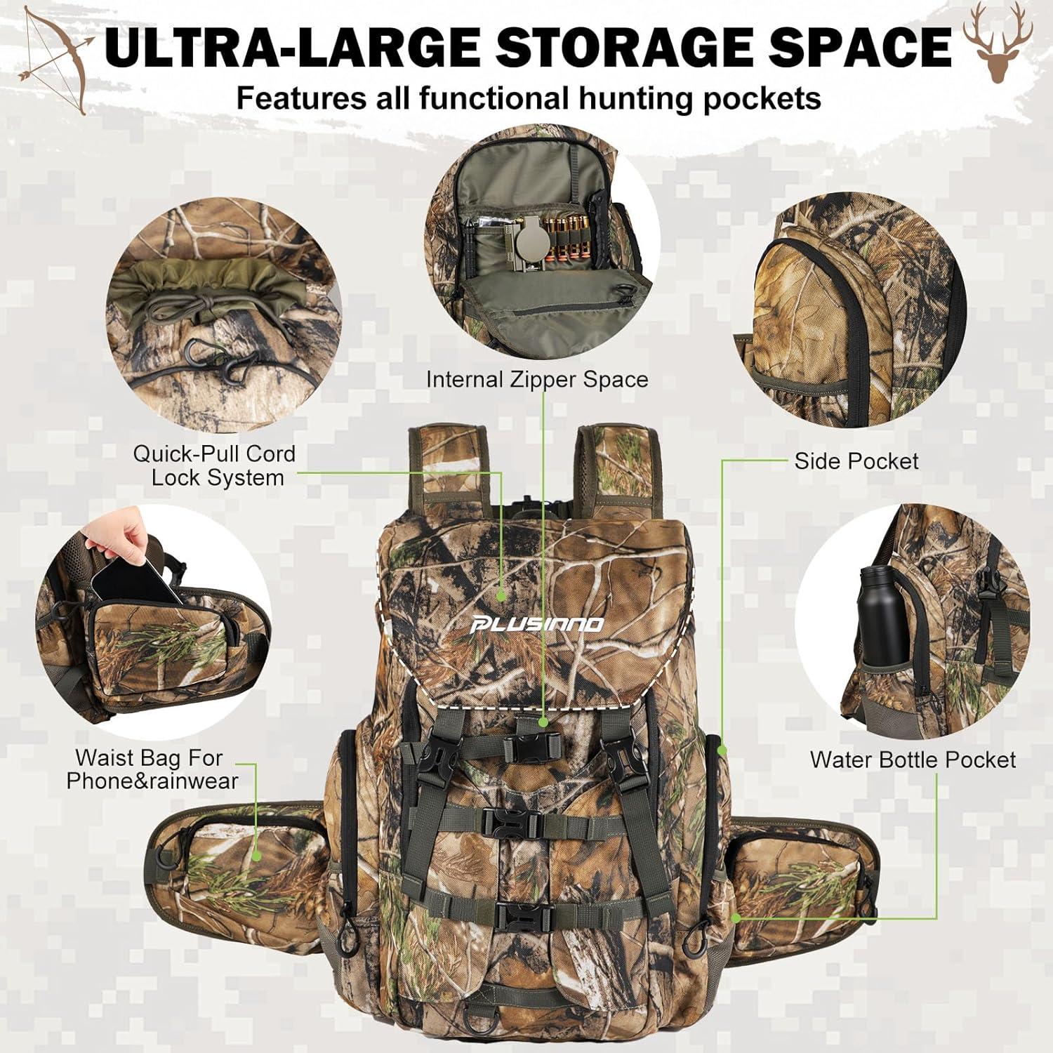 image:imagePLUSINNO Hunting Backpack for Hunting Essentials 45L Waterproof Hunting Gear with Rain Cover amp Padded Scabbard Carry System For Deer Hunt Accessories Hunt Gift For MenFlap Topflap Top