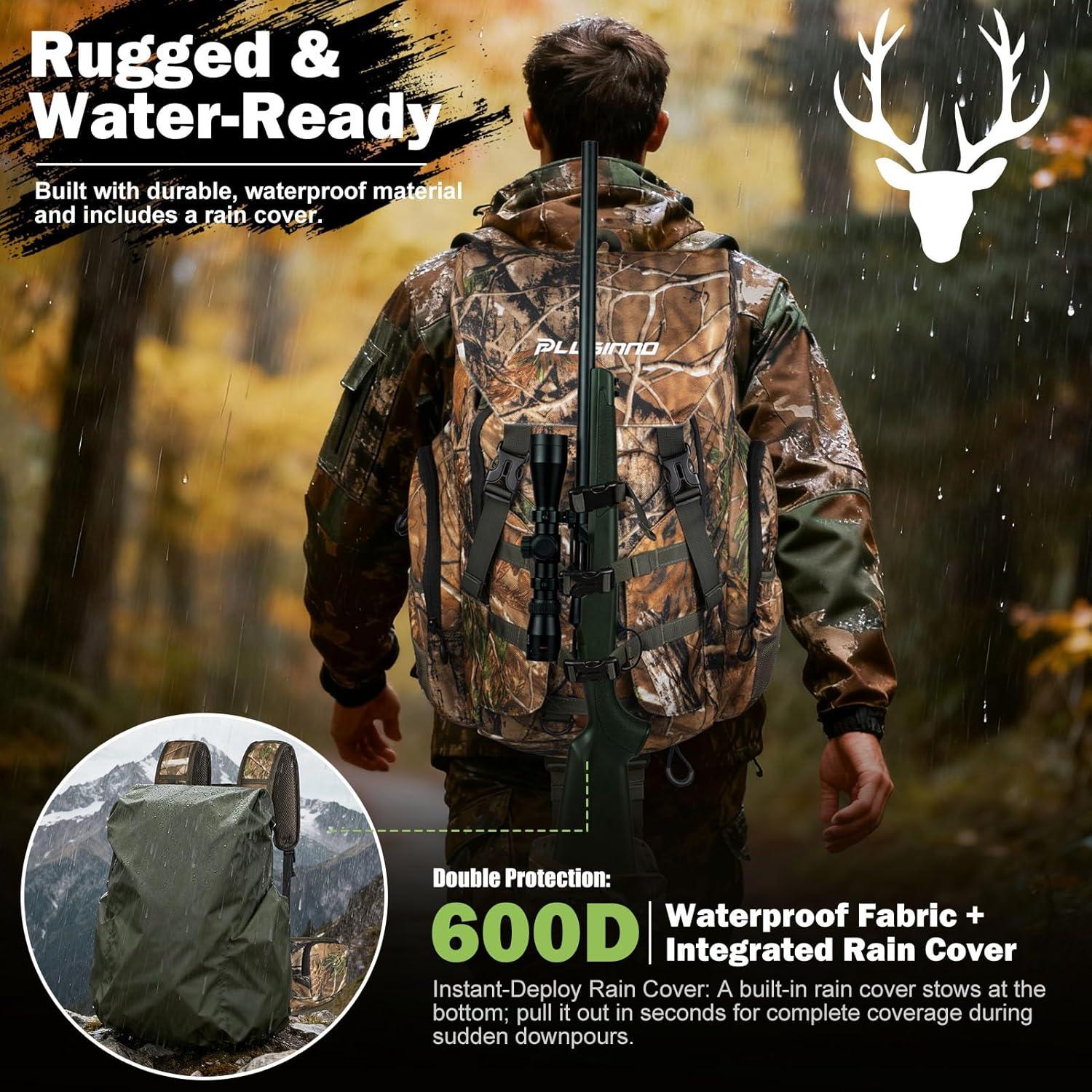 image:imagePLUSINNO Hunting Backpack for Hunting Essentials 45L Waterproof Hunting Gear with Rain Cover amp Padded Scabbard Carry System For Deer Hunt Accessories Hunt Gift For MenFlap Topflap Top