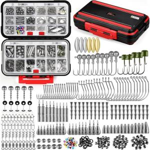PLUSINNO 253/387pcs Fishing Gear Accessories Kit, Fishing Tackle Box with Tackle Included, Fishing Hooks, Fishing Weights Sinkers, Spinner Blade, Fishing Equipment for Bass Trout Bluegill Crappie(387pcs Fishing Accessories Kit)