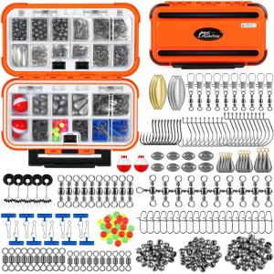 PLUSINNO 253/387pcs Fishing Gear Accessories Kit, Fishing Tackle Box with Tackle Included, Fishing Hooks, Fishing Weights Sinkers, Spinner Blade, Fishing Equipment for Bass Trout Bluegill Crappie(253pcs Fishing Accessories Kit)