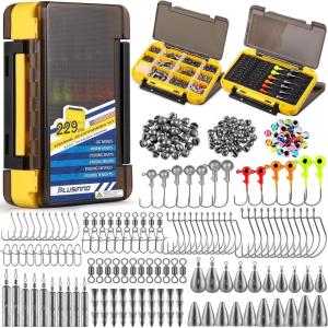 PLUSINNO 253/387pcs Fishing Gear Accessories Kit, Fishing Tackle Box with Tackle Included, Fishing Hooks, Fishing Weights Sinkers, Spinner Blade, Fishing Equipment for Bass Trout Bluegill Crappie(229pcs Fishing Accessories Kit)