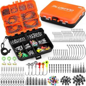 PLUSINNO 253/387pcs Fishing Gear Accessories Kit, Fishing Tackle Box with Tackle Included, Fishing Hooks, Fishing Weights Sinkers, Spinner Blade, Fishing Equipment for Bass Trout Bluegill Crappie(201pcs Fishing Accessories Kit)