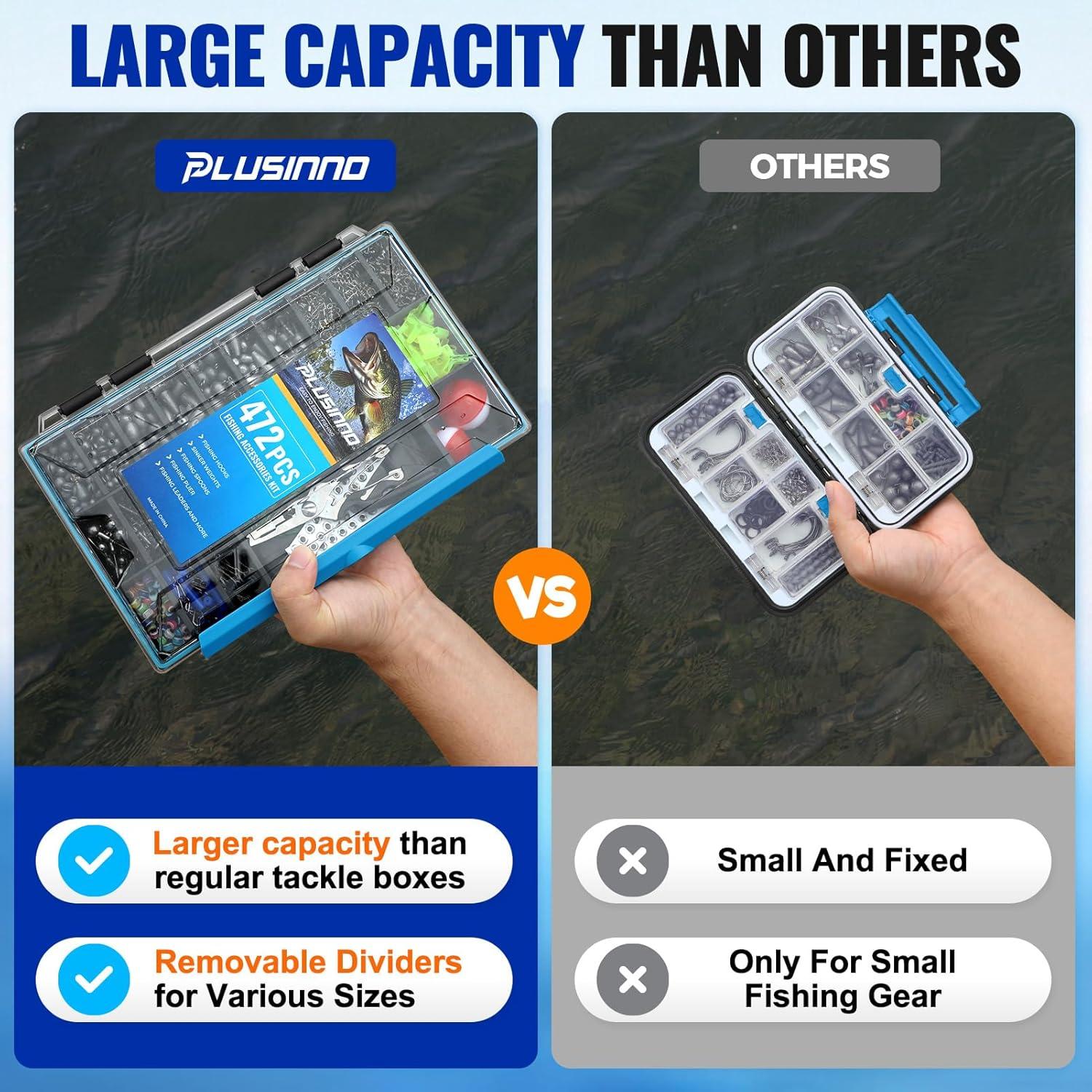 image:imagePLUSINNO Fishing Gear Accessories Kit 449PCS Fishing Tackle Box with Tackle Included Fishing Hooks Fishing Weights Sinkers Jig Heads Fishing Tackle Set Equipment for Bass Trout Gifts for men472PCS Fishing Tackle Kit
