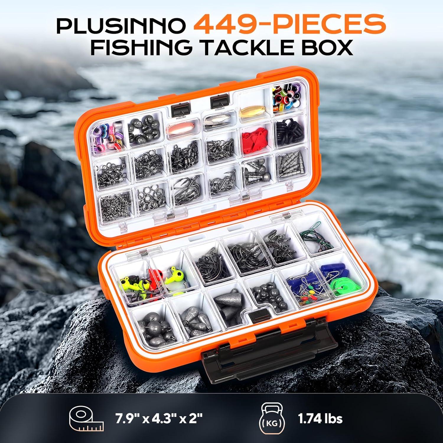 image:imagePLUSINNO Fishing Gear Accessories Kit 449PCS Fishing Tackle Box with Tackle Included Fishing Hooks Fishing Weights Sinkers Jig Heads Fishing Tackle Set Equipment for Bass Trout Gifts for men449PCS Fishing Tackle Kit