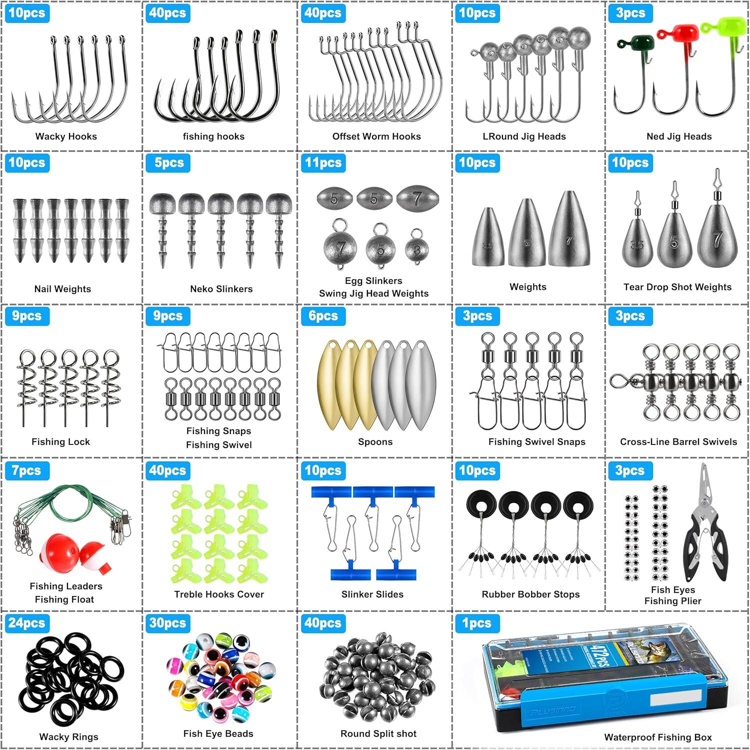 image:imagePLUSINNO Fishing Gear Accessories Kit 449PCS Fishing Tackle Box with Tackle Included Fishing Hooks Fishing Weights Sinkers Jig Heads Fishing Tackle Set Equipment for Bass Trout Gifts for men472PCS Fishing Tackle Kit
