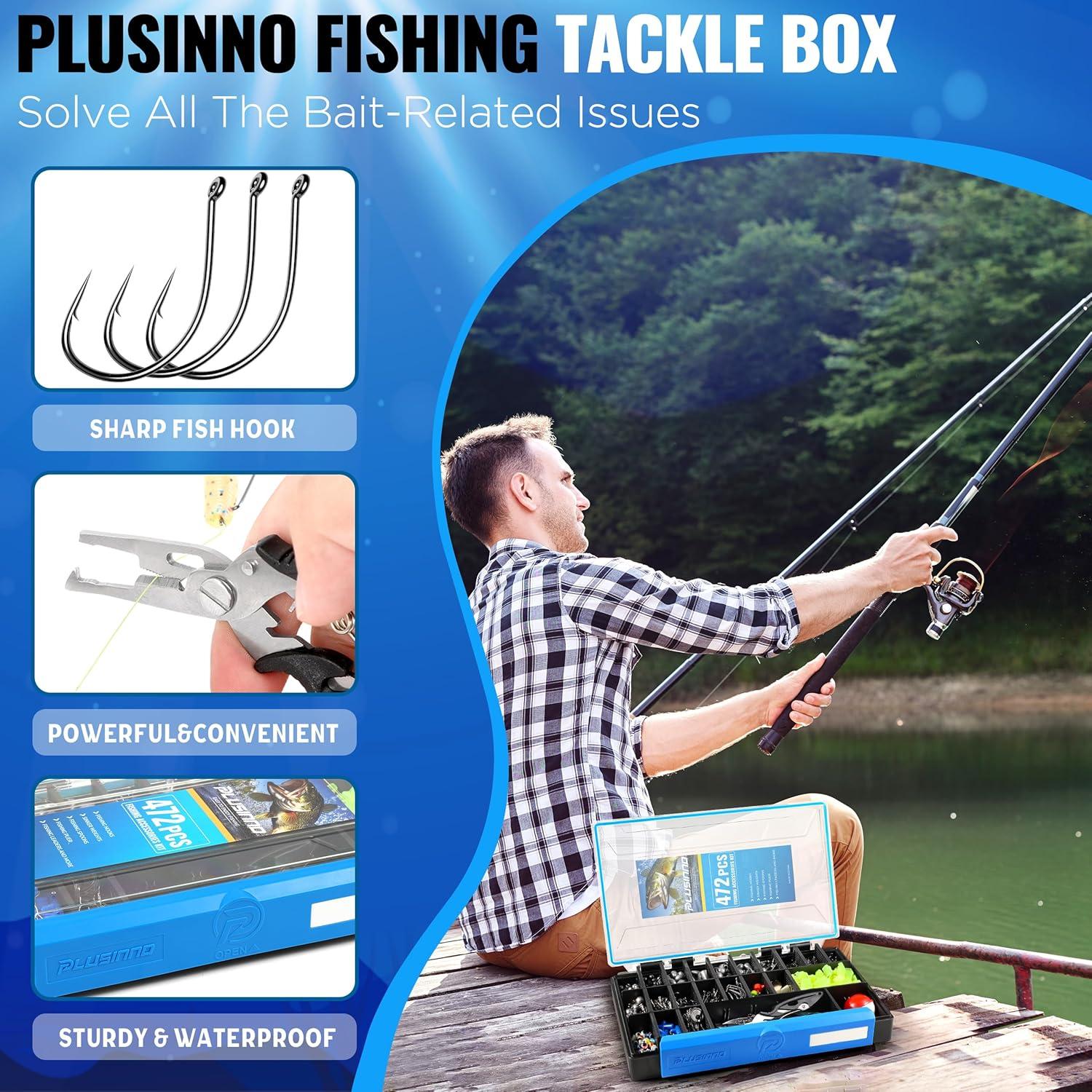 image:imagePLUSINNO Fishing Gear Accessories Kit 449PCS Fishing Tackle Box with Tackle Included Fishing Hooks Fishing Weights Sinkers Jig Heads Fishing Tackle Set Equipment for Bass Trout Gifts for men472PCS Fishing Tackle Kit