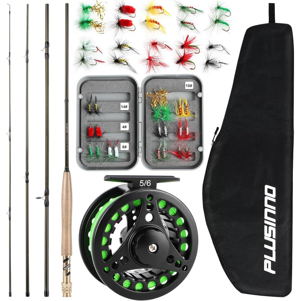 image:imagePLUSINNO Fly Fishing Rod and Reel Combo 4 Piece Lightweight UltraPortable Graphite Fly Rod 56 Complete Starter Package with Carrier Bag5 Wt 9 Fly Rod 56 Reel