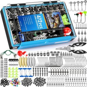 PLUSINNO Fishing Gear Accessories Kit, 449PCS Fishing Tackle Box with Tackle Included, Fishing Hooks, Fishing Weights Sinkers, Jig Heads, Fishing Tackle Set Equipment for Bass Trout, Gifts for men(472PCS Fishing Tackle Kit)
