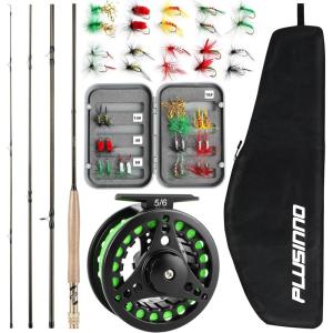 PLUSINNO Fly Fishing Rod and Reel Combo, 4 Piece Lightweight Ultra-Portable Graphite Fly Rod 5/6 Complete Starter Package with Carrier Bag(5 Wt -9′ Fly Rod  5/6 Reel)