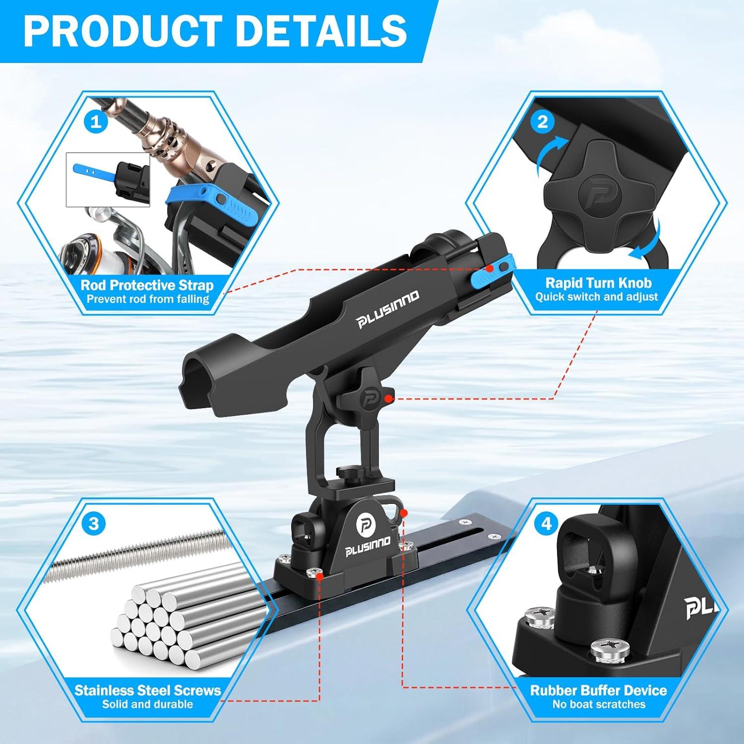 image:imagePLUSINNO Kayak Fishing Rod Holder with Tracks 2 in 1 Fishing Rod Holders for Boat Kayak Accessories Fishing Pole Holders for Track Mount Deck Mount with Fishing Rod Protective Strap Kayak Rail