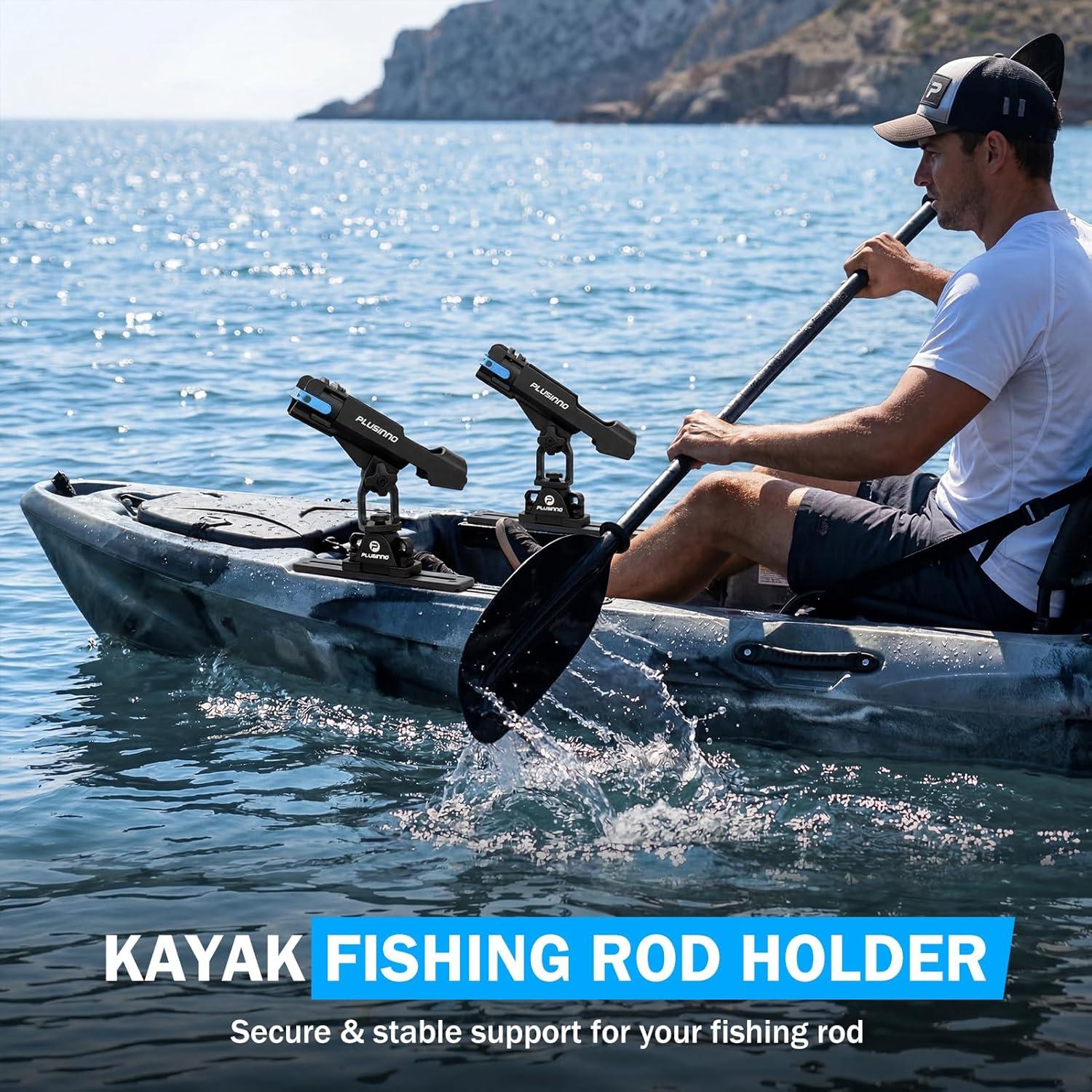 image:imagePLUSINNO Kayak Fishing Rod Holder with Tracks 2 in 1 Fishing Rod Holders for Boat Kayak Accessories Fishing Pole Holders for Track Mount Deck Mount with Fishing Rod Protective Strap Kayak Rail