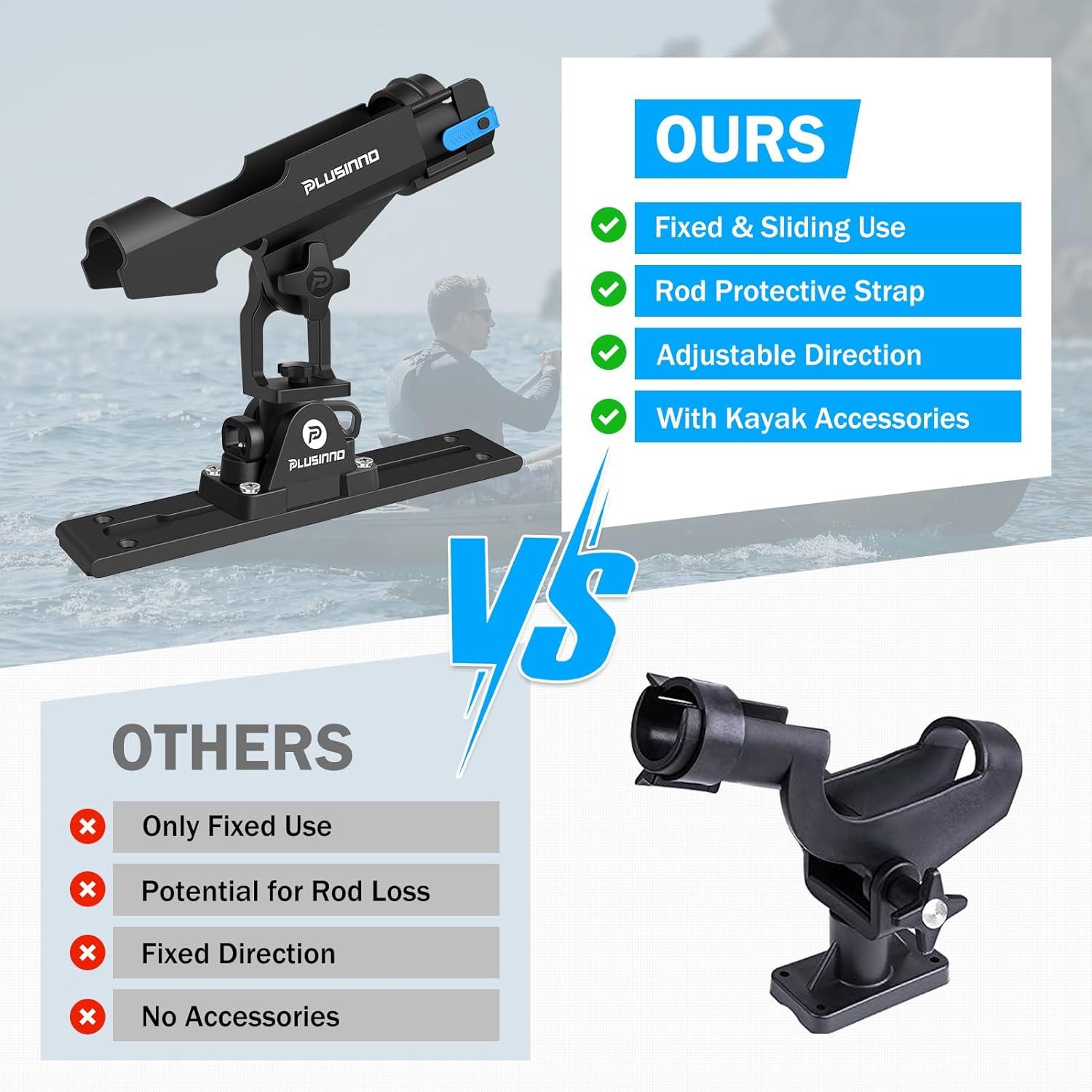 image:imagePLUSINNO Kayak Fishing Rod Holder with Tracks 2 in 1 Fishing Rod Holders for Boat Kayak Accessories Fishing Pole Holders for Track Mount Deck Mount with Fishing Rod Protective Strap Kayak Rail