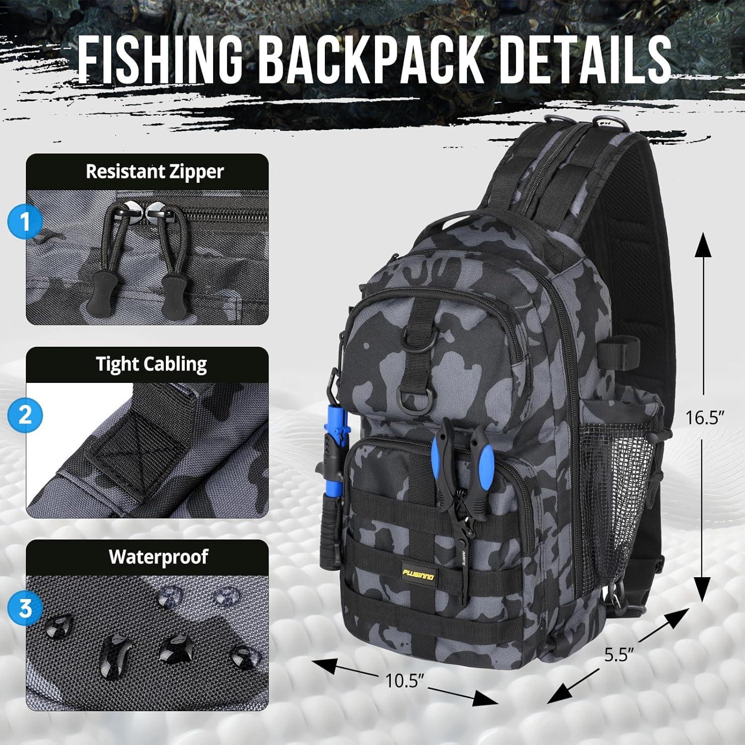image:imagePLUSINNO Fishing Backpack Fishing Bag Waterproof Fishing Sling Tackle Bag For Fishing Gear With Rod Holder Fishing Gifts for MenBlack Fishing Backpack With Fishing Tools