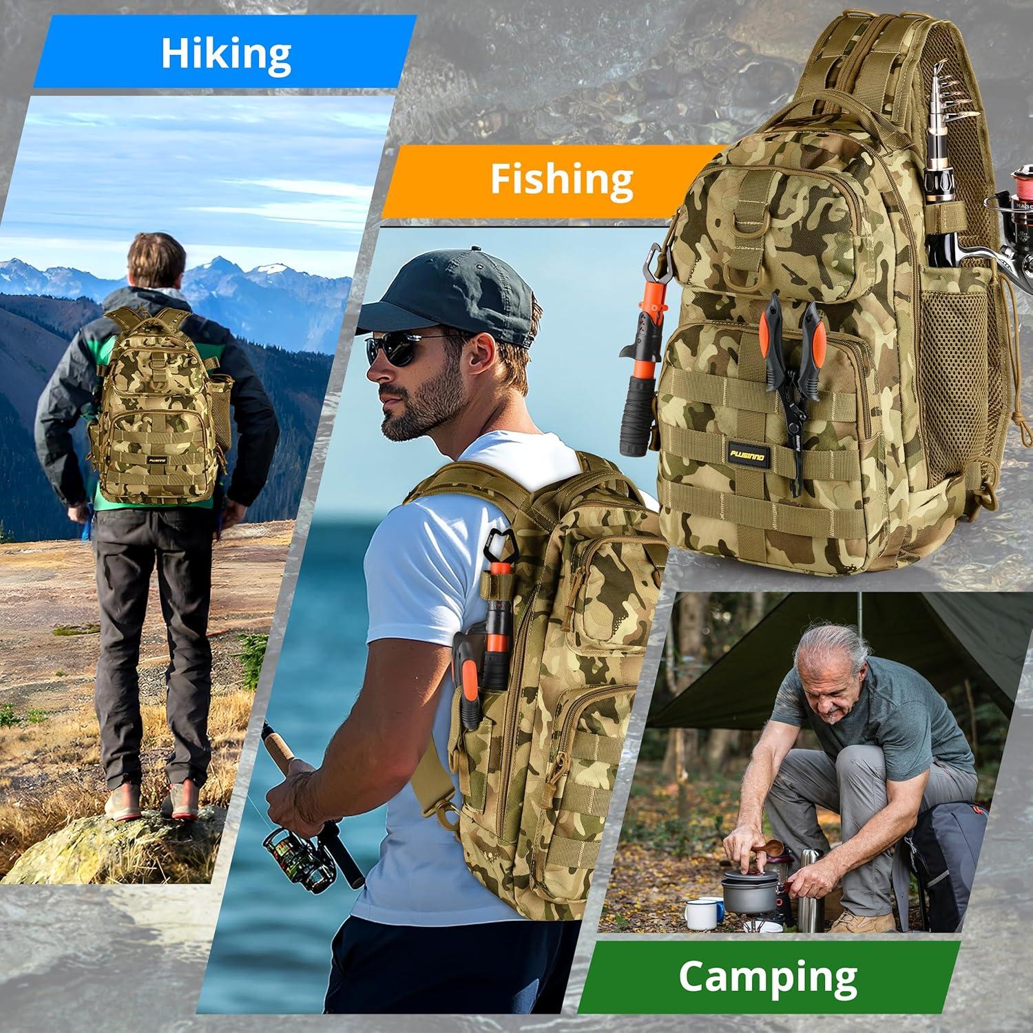image:imagePLUSINNO Fishing Backpack Fishing Bag Waterproof Fishing Sling Tackle Bag For Fishing Gear With Rod Holder Fishing Gifts for MenFishing Backpack with fishing net orange
