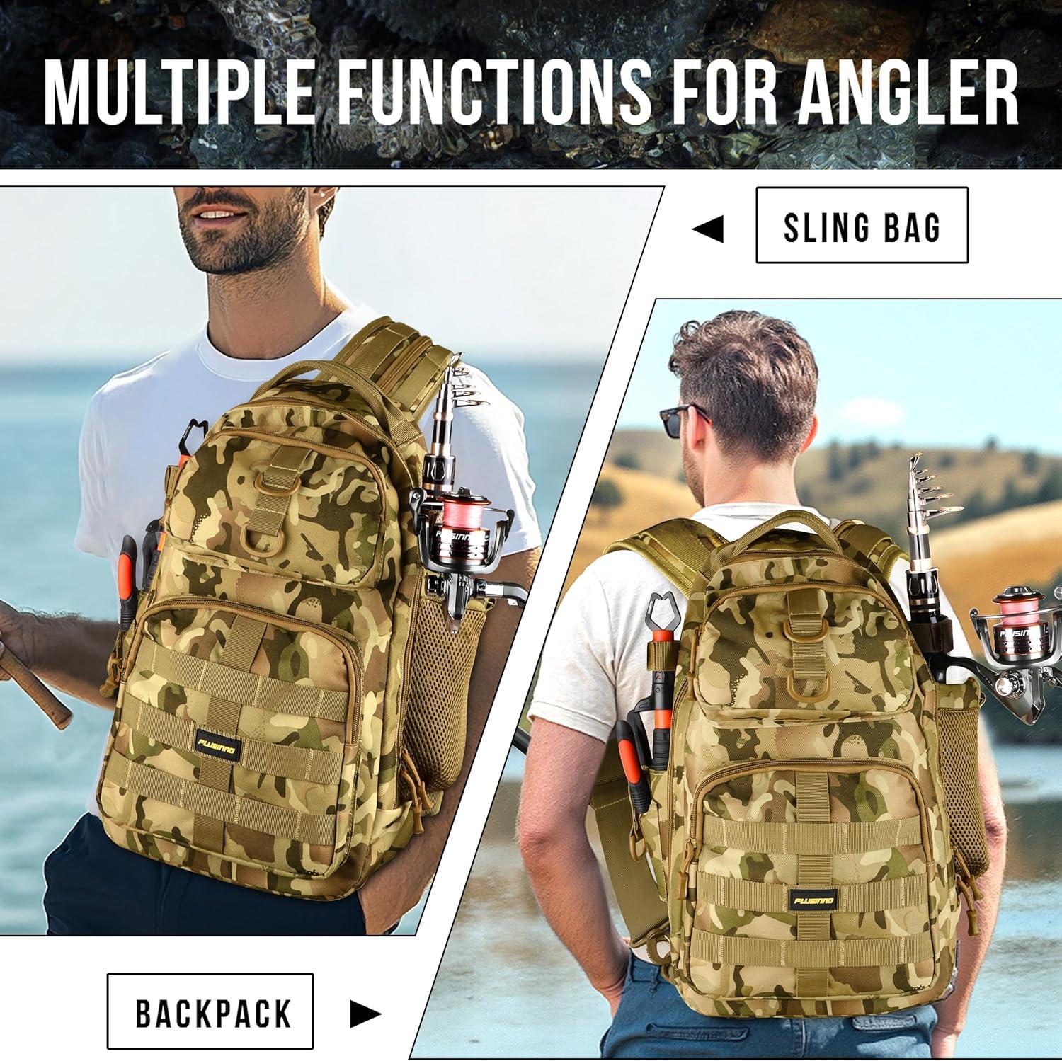 image:imagePLUSINNO Fishing Backpack Fishing Bag Waterproof Fishing Sling Tackle Bag For Fishing Gear With Rod Holder Fishing Gifts for MenKhaki Fishing Backpack With Fishing Tools