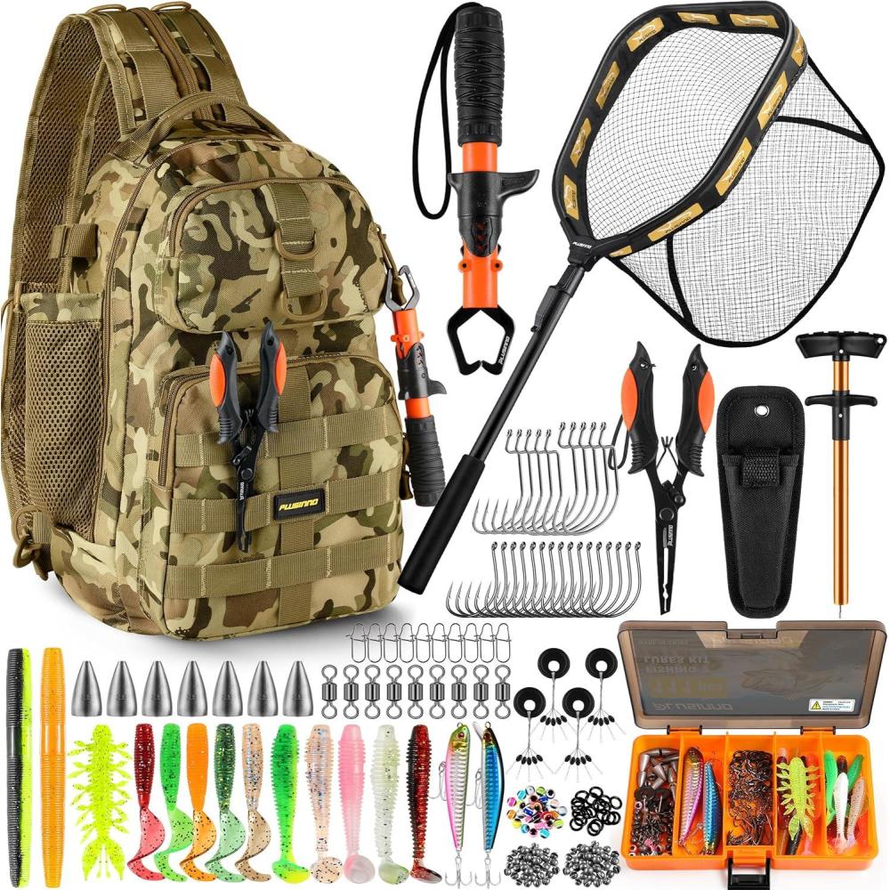 image:imagePLUSINNO Fishing Backpack Fishing Bag Waterproof Fishing Sling Tackle Bag For Fishing Gear With Rod Holder Fishing Gifts for MenFishing Backpack with fishing net orange