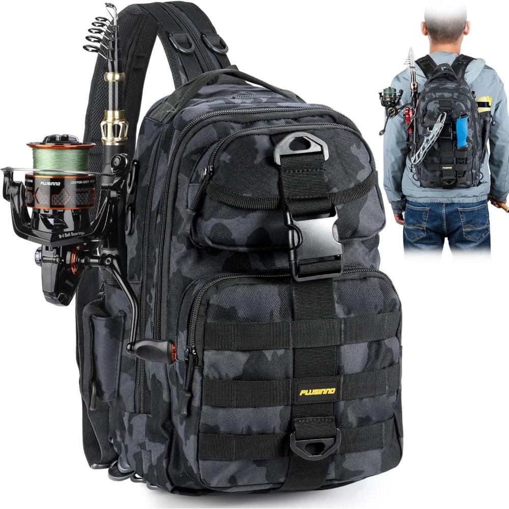 image:imagePLUSINNO Fishing Backpack Fishing Bag Waterproof Fishing Sling Tackle Bag For Fishing Gear With Rod Holder Fishing Gifts for MenSingle Backpack No Tackle Box