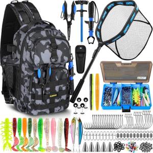 PLUSINNO Fishing Backpack, Fishing Bag, Waterproof Fishing Sling Tackle Bag For Fishing Gear With Rod Holder, Fishing Gifts for Men(Fishing Backpack with fishing net)