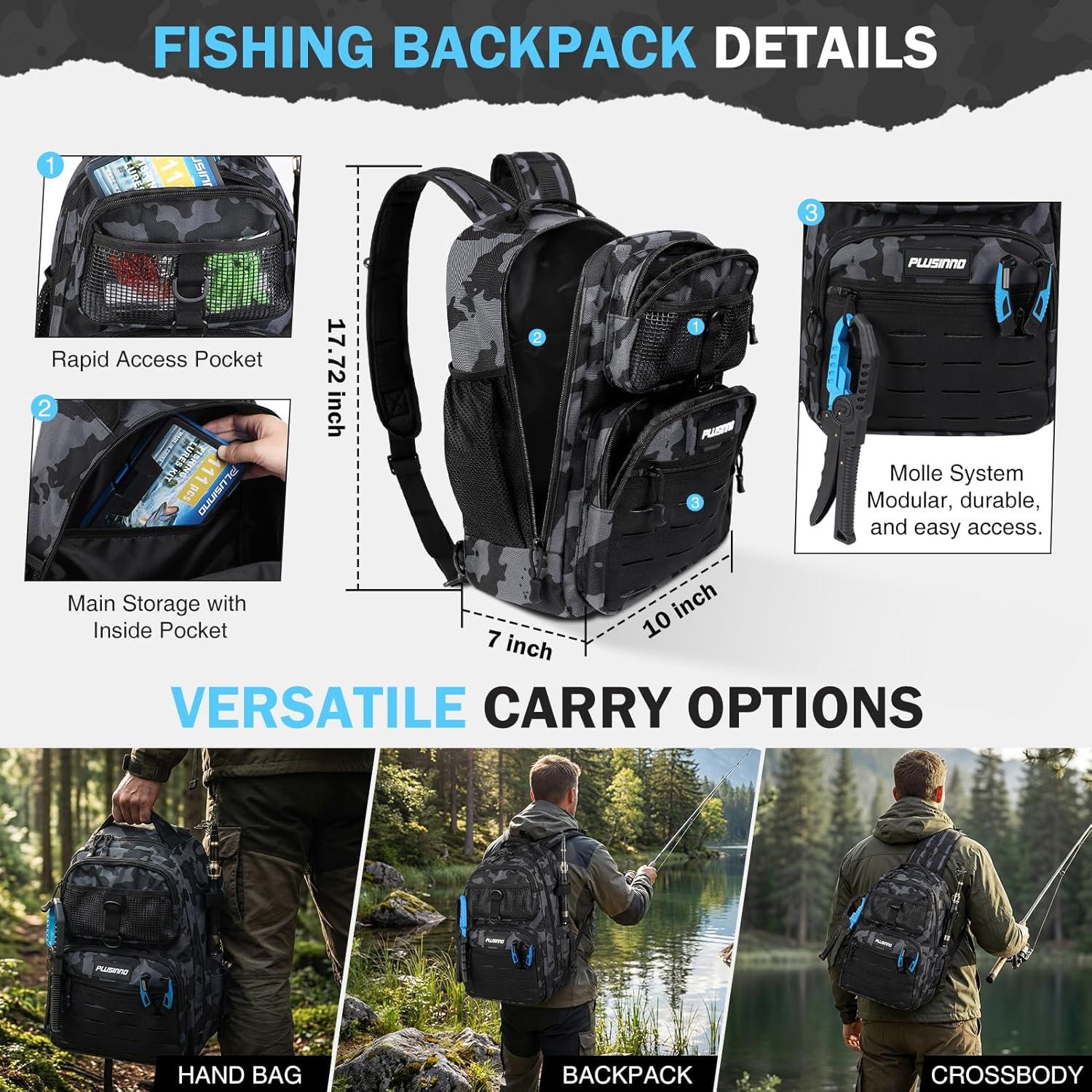 image:imagePLUSINNO Fishing Gear Fishing Backpack with Tackle Box Waterproof tackle Backpack with Rod Holders Lures Tools Pliers amp Accessories Fish Gifts for MenFishing Backpack with Fishing Rod and reel combo fishing gear