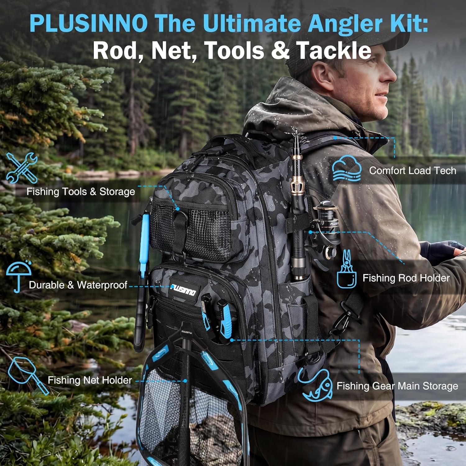 image:imagePLUSINNO Fishing Gear Fishing Backpack with Tackle Box Waterproof tackle Backpack with Rod Holders Lures Tools Pliers amp Accessories Fish Gifts for MenFishing Backpack with Fishing Rod and reel combo fishing gear