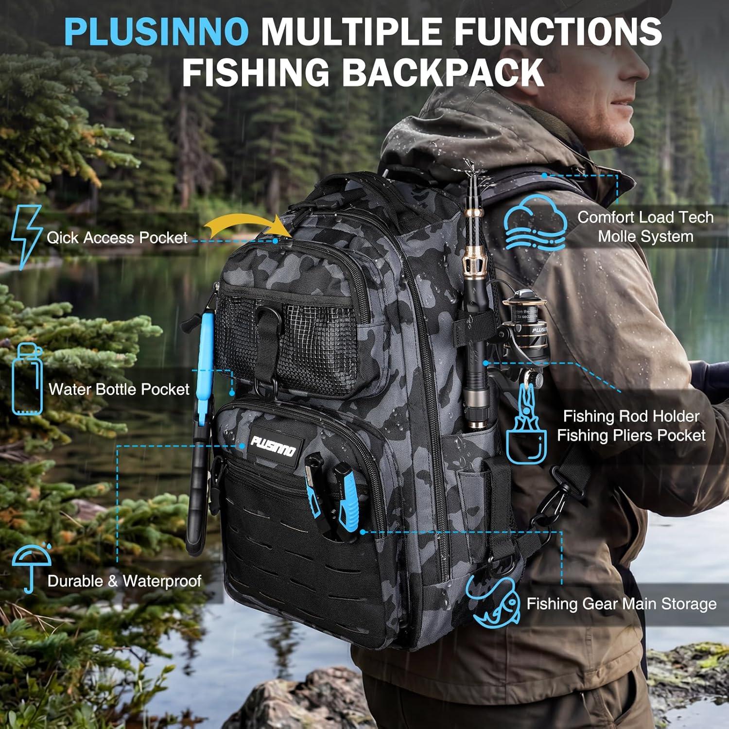 image:imagePLUSINNO Fishing Gear Fishing Backpack with Tackle Box Waterproof tackle Backpack with Rod Holders Lures Tools Pliers amp Accessories Fish Gifts for MenCamo Fishing Backpack With Fishing Kit