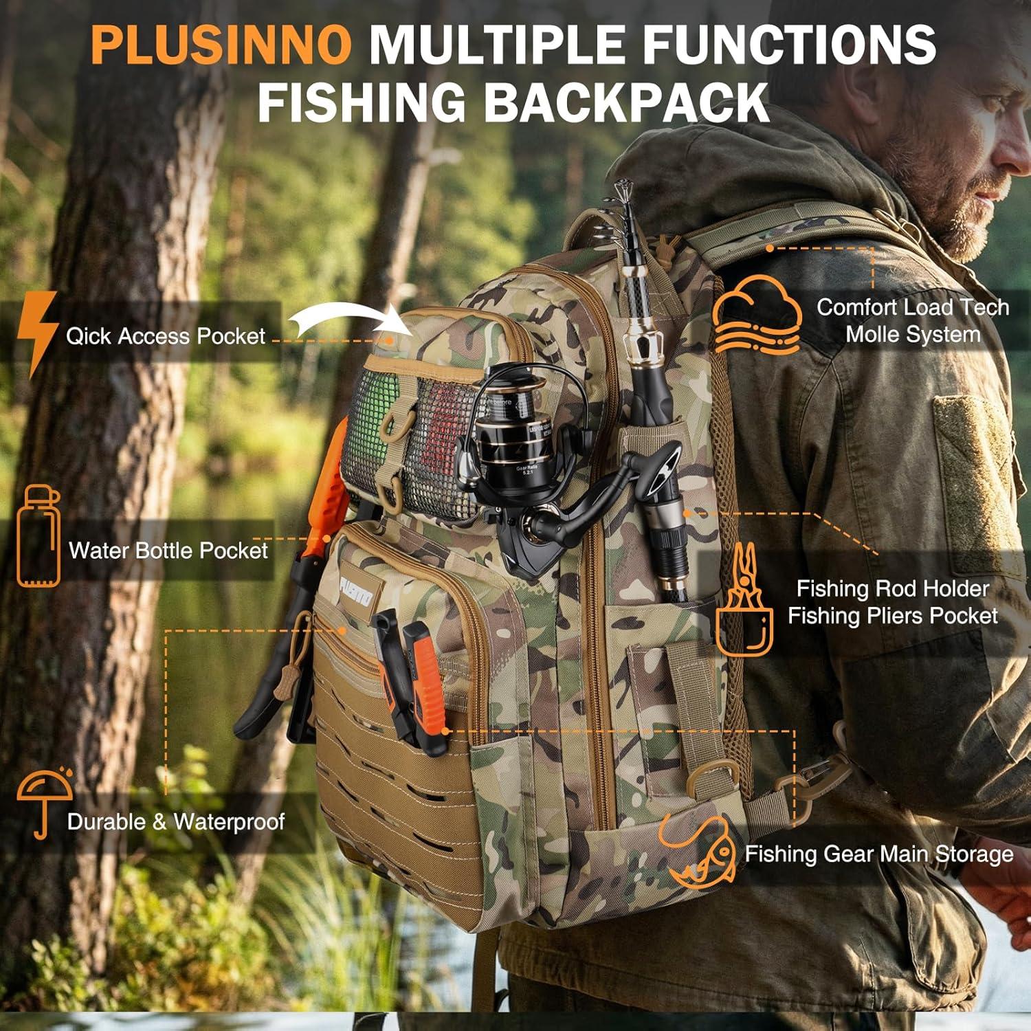 image:imagePLUSINNO Fishing Gear Fishing Backpack with Tackle Box Waterproof tackle Backpack with Rod Holders Lures Tools Pliers amp Accessories Fish Gifts for MenKhaki Fishing Backpack With Fishing Kit