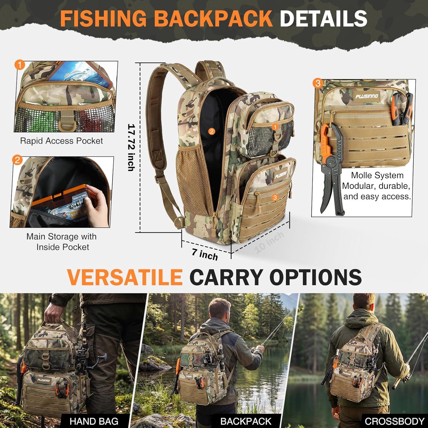 image:imagePLUSINNO Fishing Gear Fishing Backpack with Tackle Box Waterproof tackle Backpack with Rod Holders Lures Tools Pliers amp Accessories Fish Gifts for MenKhaki Fishing Backpack With Fishing Kit
