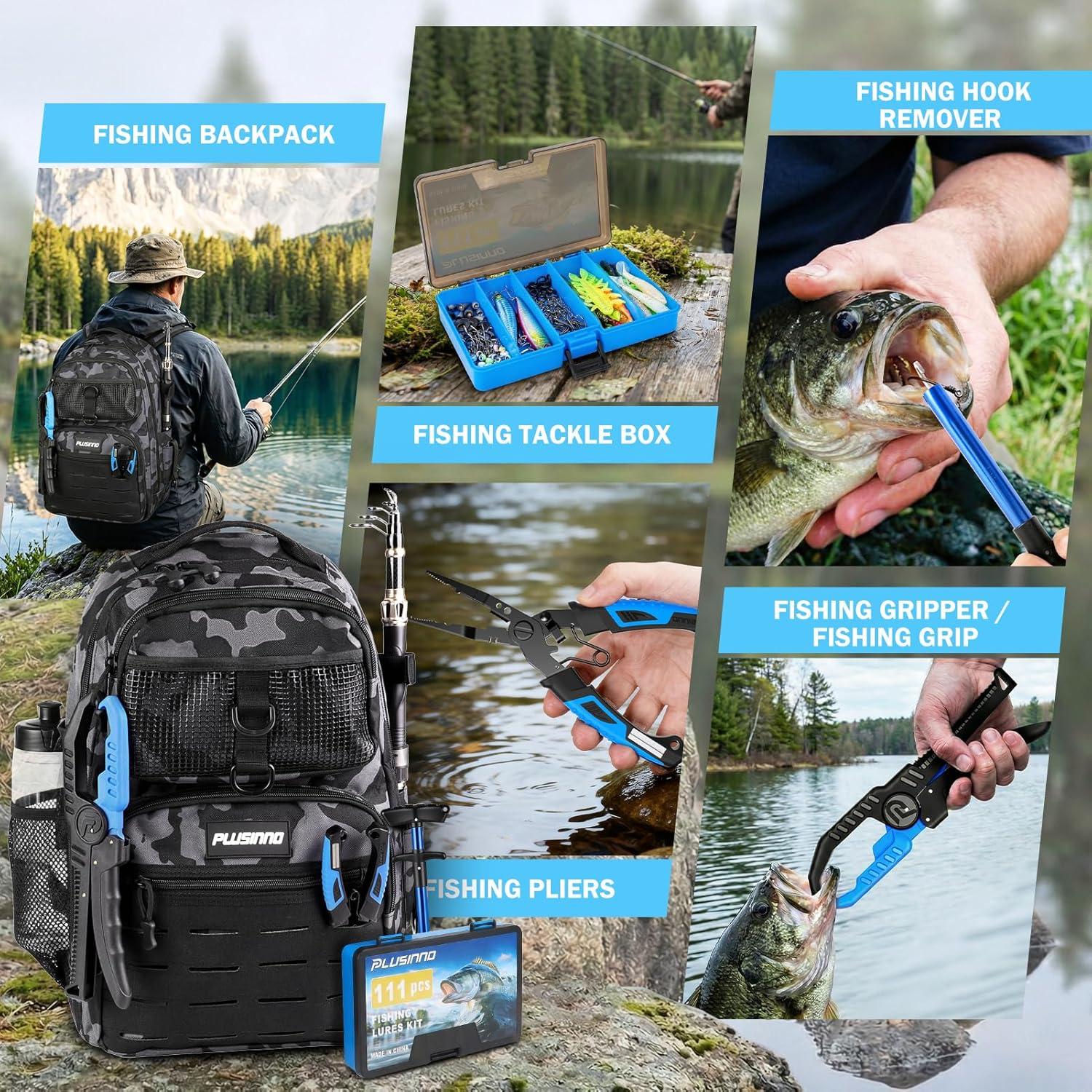 image:imagePLUSINNO Fishing Gear Fishing Backpack with Tackle Box Waterproof tackle Backpack with Rod Holders Lures Tools Pliers amp Accessories Fish Gifts for MenFishing Backpack with Fishing Rod and reel combo fishing gear