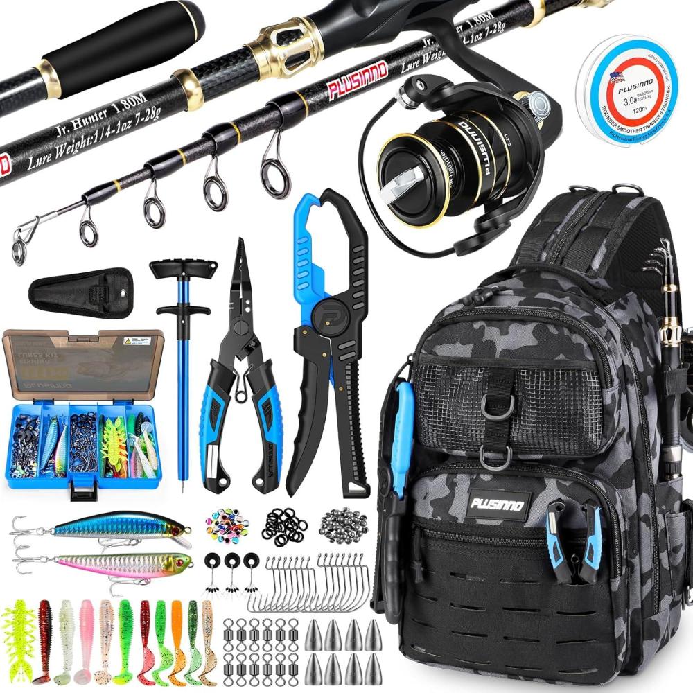 image:imagePLUSINNO Fishing Gear Fishing Backpack with Tackle Box Waterproof tackle Backpack with Rod Holders Lures Tools Pliers amp Accessories Fish Gifts for MenFishing Backpack with Fishing Rod and reel combo fishing gear